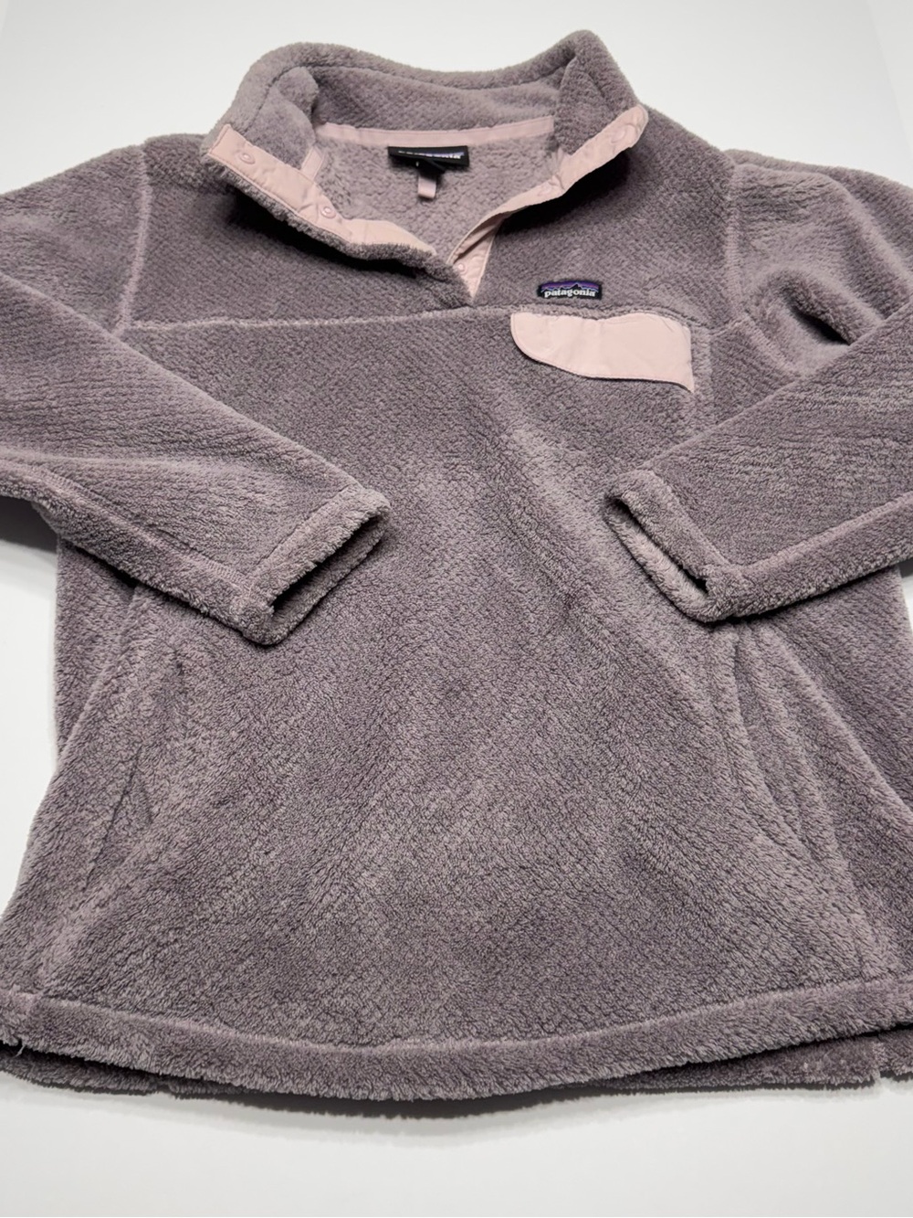 Patagonia Kids Plush Cowl Pullover - Heather Gray with Pale Pink Trim